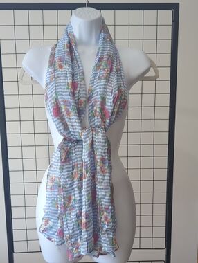 Charlies Light Blue Striped Floral Wrap Scarf